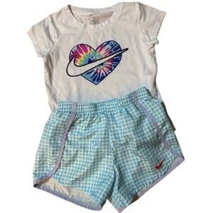 Nike Girl T-Shirt & Mesh Shorts Set ~ White, Blue & Tie-Dye ~ Heart Size 6-7 Y